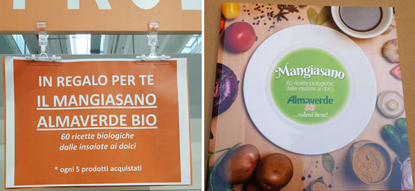 Il "Mangiasano": cartello a negozio e copertina